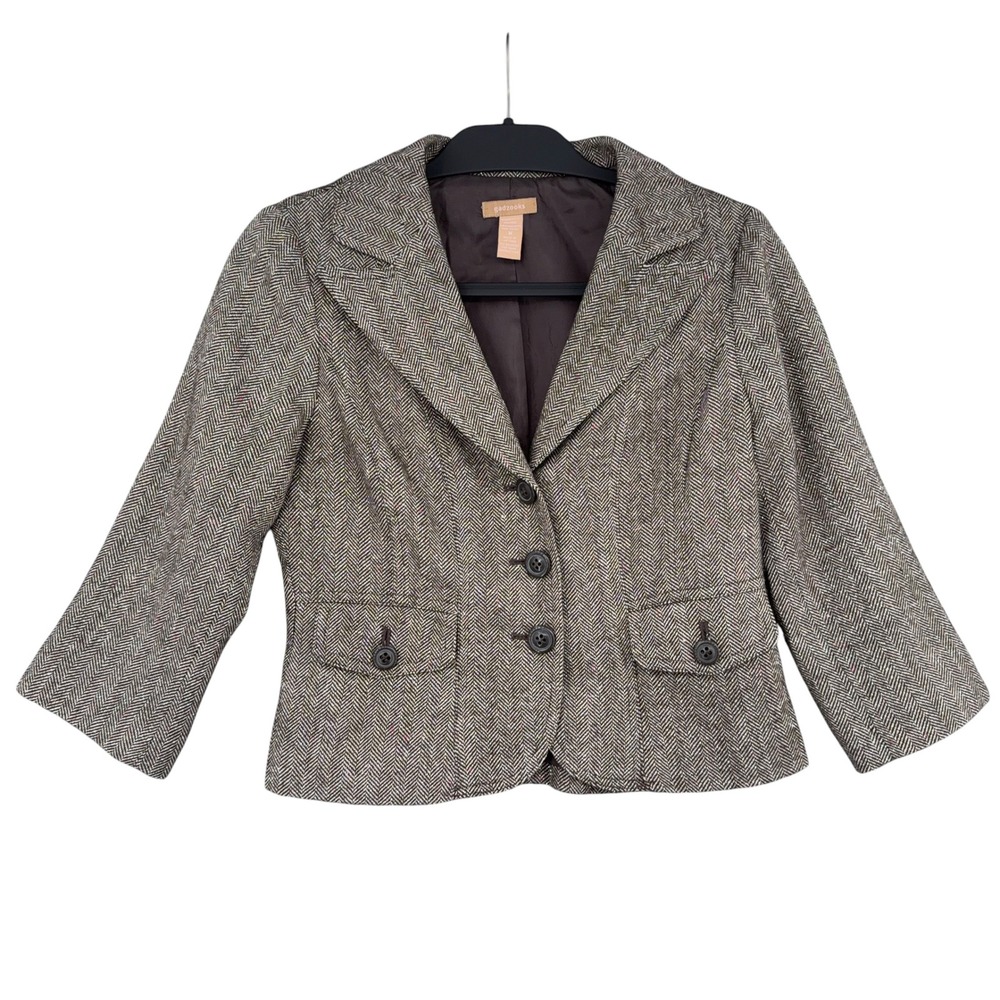 Gadzooks Blazer Women M Acrylic Wool Brown Herringbone 3/4 Sleeve Jacket